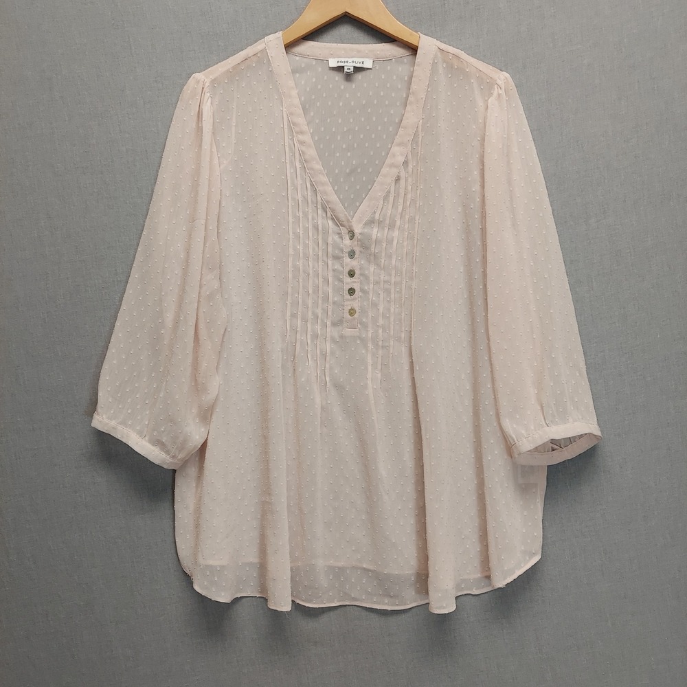 Rose + Olive Pink Swiss Dot‎ Blouse 2X Pintuck Boho Top Semi Sheer 3/4 Sleeve - Picture 2 of 15
